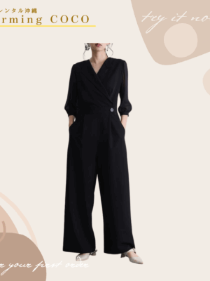 カシュクール袖シフォンパンツドレス【ブラック】