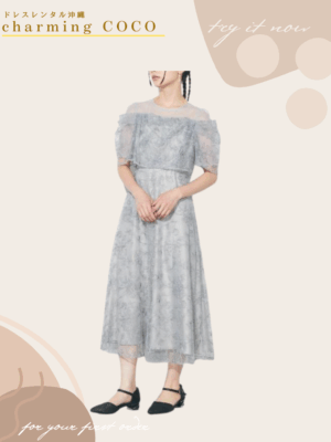 ドレープラメ刺繍フレアドレス【ブルーグレー】