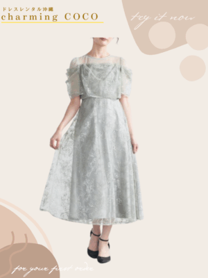 ドレープラメ刺繍フレアドレス【ライトグリーン】