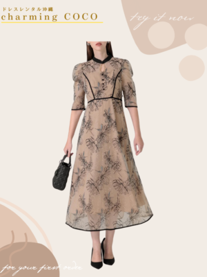 フラワー刺繍ラメレースドレス【ベージュ】